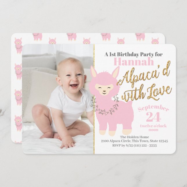 Baby's First Alpaca Birthday Party with Photo Invitation (Front/Back)