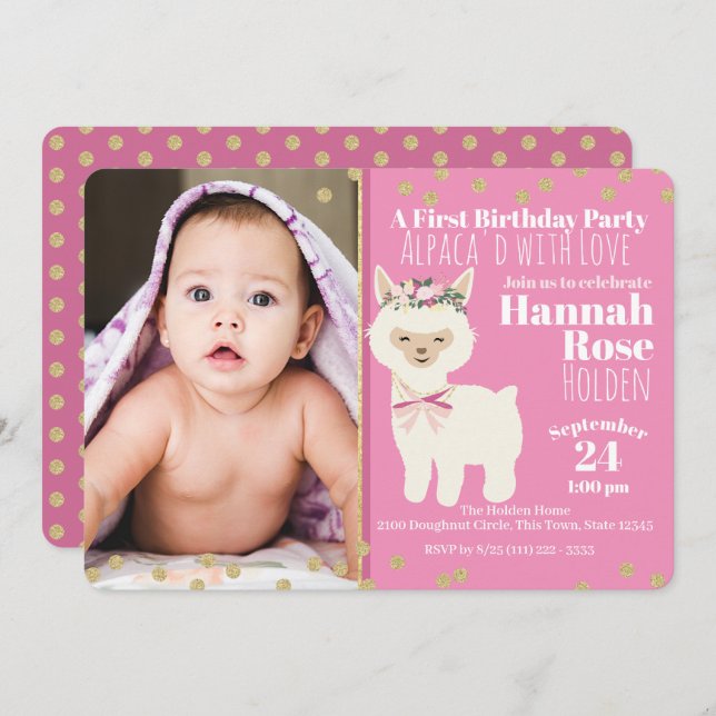 Baby's First Alpaca Birthday Party with Photo Invitation (Front/Back)