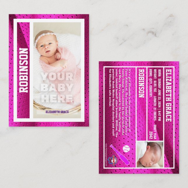 Baby's First Baseball Card Birth Announcement Pink (Front/Back)