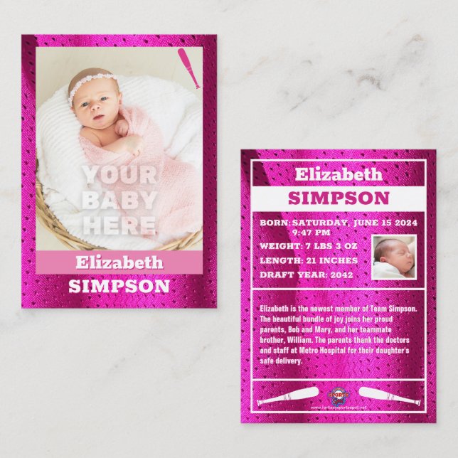 Baby's First Baseball Card Girl Birth Announcement (Front/Back)