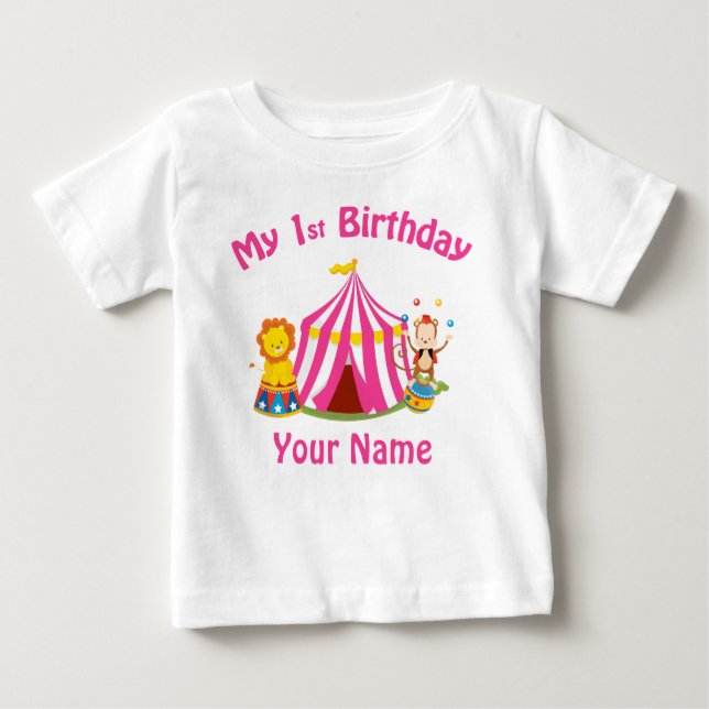 Baby's first birthday circus pink personalized baby T-Shirt (Front)