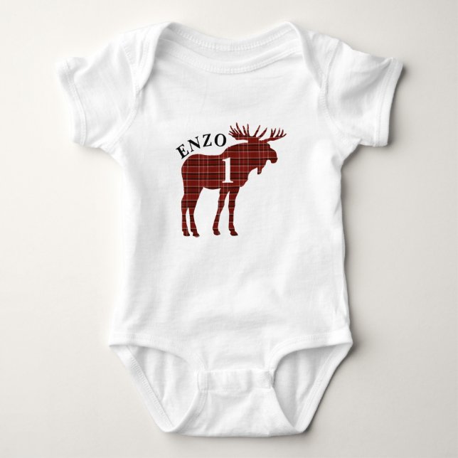 Baby's First Birthday Party Plaid Moose Bodysuit (Front)