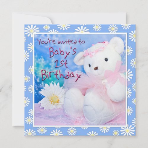 Babys First Birthday Teddy Bear  Daisies Invitation