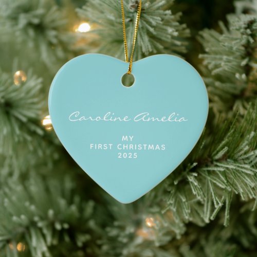 Babys First Christmas 2023 Personalized Aqua Blue Ceramic Ornament