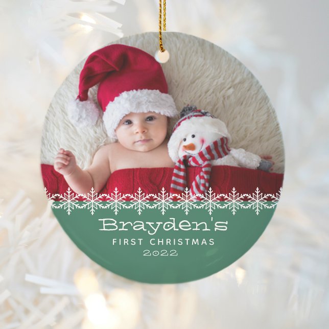 Baby's First Christmas 2023 Photo Green Ceramic Ornament (Creator Uploaded)