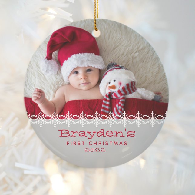 Baby's First Christmas 2023 Photo Red Gray Ceramic Ornament (Creator Uploaded)