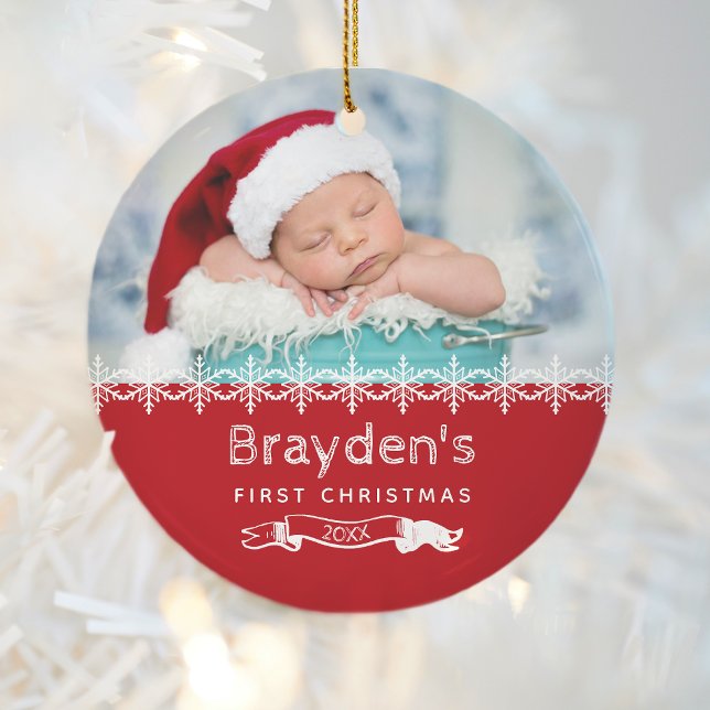 Baby's First Christmas 2023 Red White Custom Photo Ceramic Ornament (Creator Uploaded)