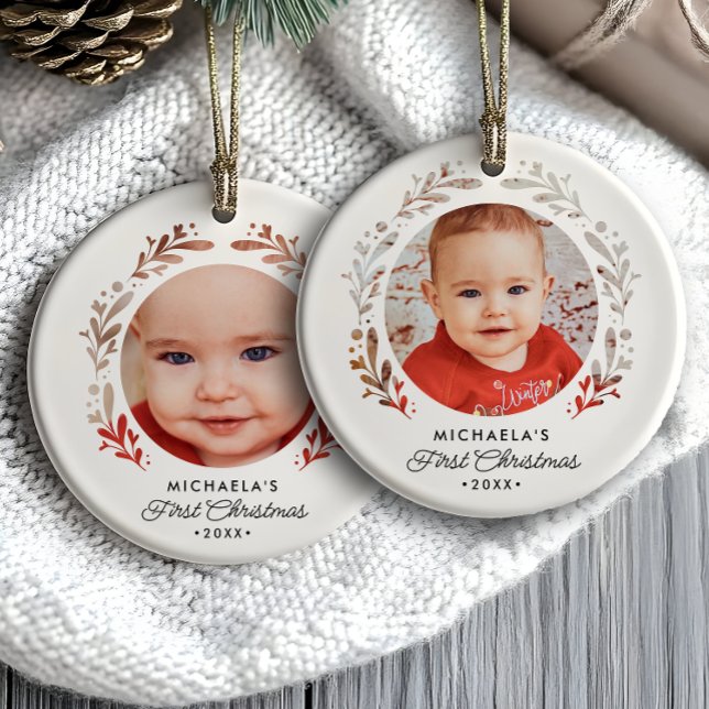 Baby's First Christmas 2-Photo Cutout Frame Ceramic Ornament (Creator Uploaded)