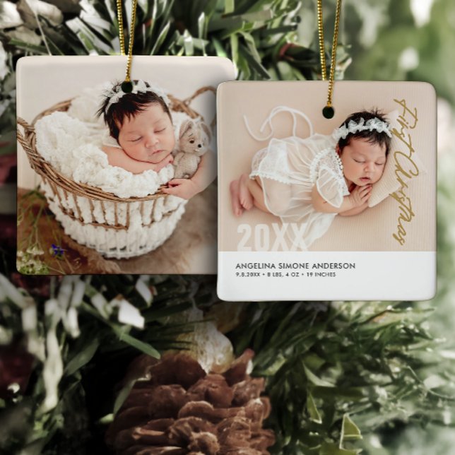 Baby's First Christmas 2-Photo Name & Birth Detail Ceramic Ornament (Creator Uploaded)