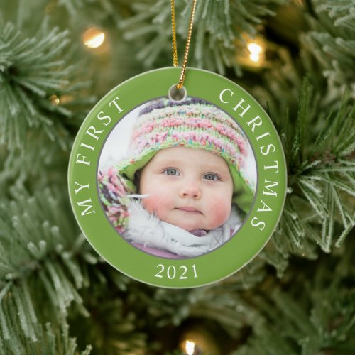 Babys First Christmas 2 Photo Template Holiday Ceramic Ornament