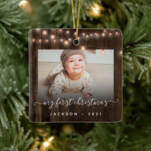 Babys First Christmas 2 Photo Wood and Lights  Ceramic Ornament