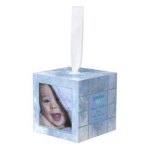 Babys First Christmas 2 Photos Boy plus Text Blue Cube Ornament