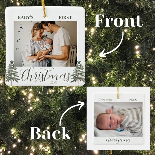 Babys First Christmas 2 Photos Watercolor Trees Ceramic Ornament
