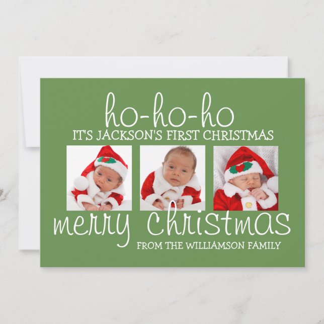 Baby's First Christmas 3 Photo Christmas Card (Front)