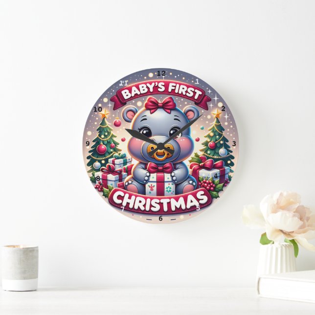Baby's First Christmas Adorable Bear Holiday Large Clock (Home)