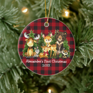 Baby's First Christmas Animals Deer Bow Plaid Ceramic Ornament