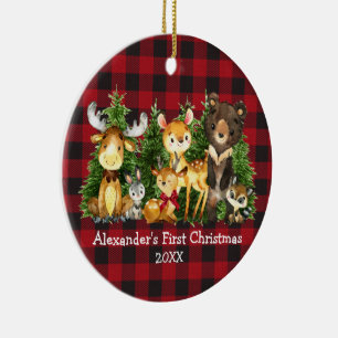 Baby's First Christmas Animals Deer PHOTO Plaid Ceramic Ornament