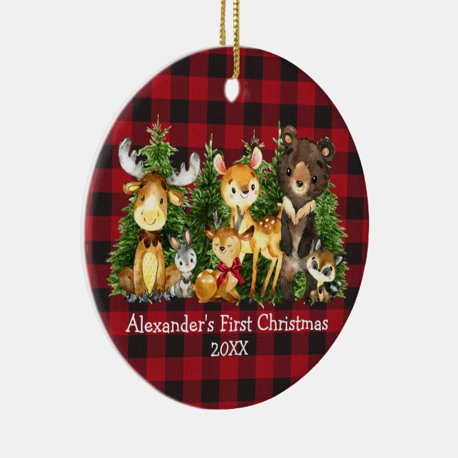 Baby's First Christmas Animals Deer PHOTO Plaid Ceramic Ornament (Right)