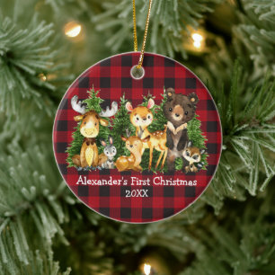 Baby's First Christmas Animals Deer Plaid Ceramic Ornament