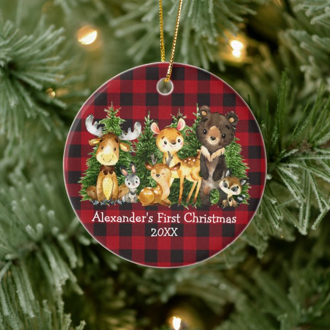 Baby's First Christmas Animals Deer Plaid Ceramic Ornament (Tree)