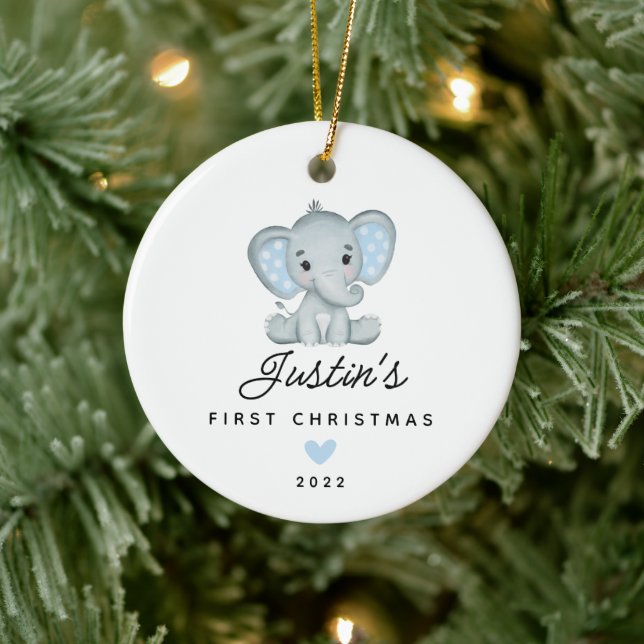Baby's First Christmas Baby Boy Elephant Ceramic Ornament (Tree)