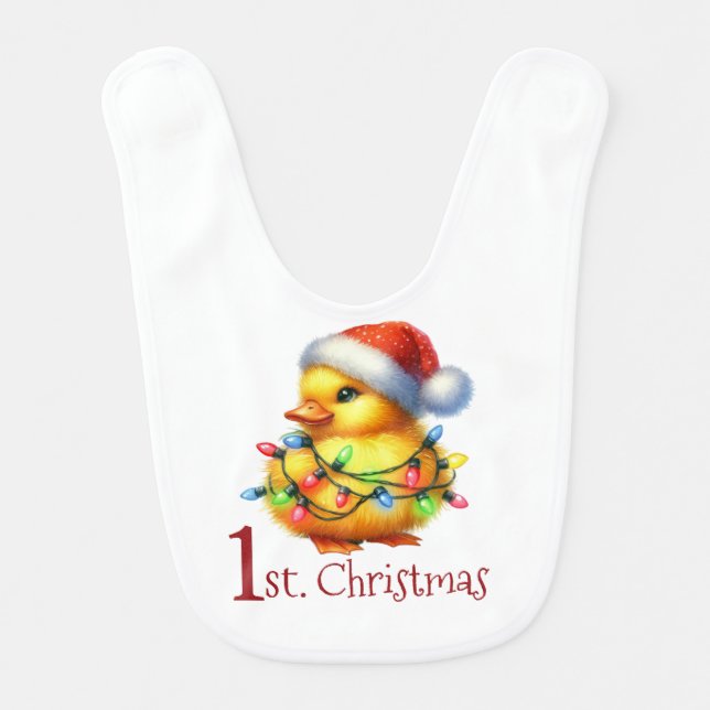 Baby's First Christmas Baby Duck Santa Hat Lights Baby Bib (Front)