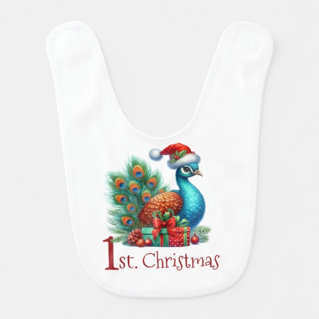 Baby's First Christmas Baby Peacock Santa Bib (Front)
