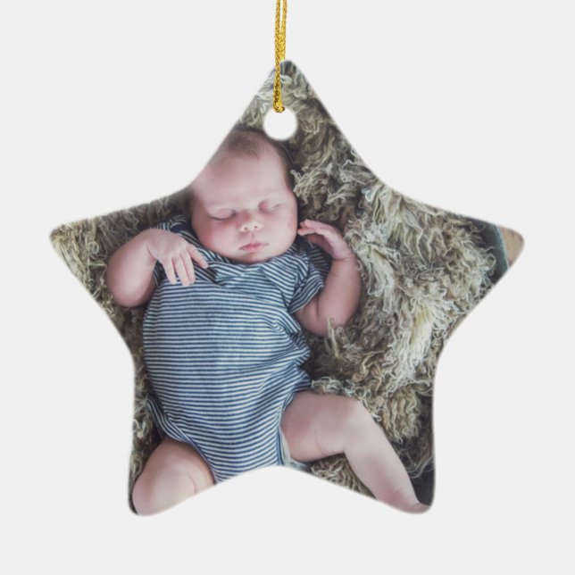 Baby's First Christmas Baby Photo Blue Christmas Ceramic Ornament (Front)