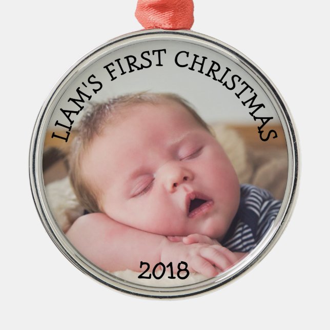 Baby's First Christmas Baby Photo Blue Christmas Metal Ornament (Front)