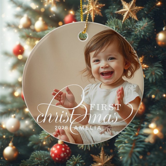 Baby's First Christmas Baby Photo Name Ceramic Ornament (Creator Uploaded)