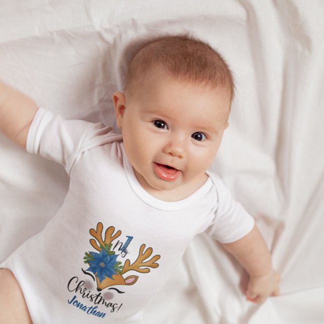 Baby's First Christmas Baby Reindeer Poinsettia Baby Bodysuit (Creator Uploaded)