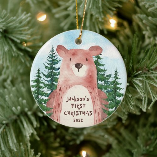 Babys First Christmas Bear  2 Sided Photo Ceramic Ornament