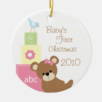 Baby's First Christmas Bear Blocks Circle Ornament by BellaMommyDesigns at Zazzle