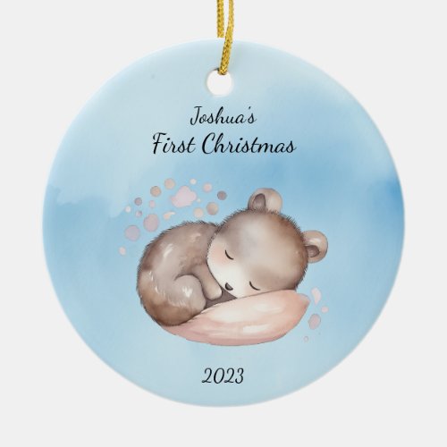 Babys First Christmas Bear Blue Personalized Ceramic Ornament