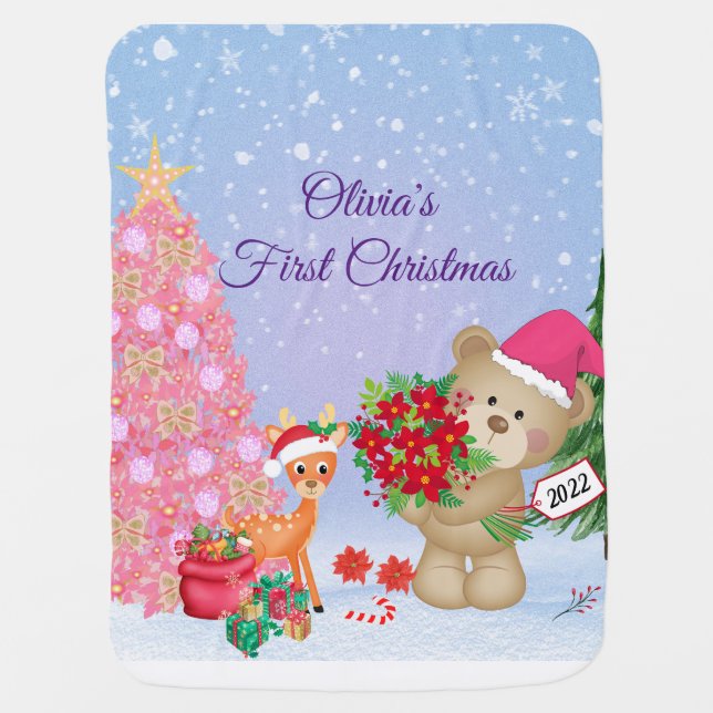 Baby's First Christmas Bear Personalized  Baby Blanket (Front)