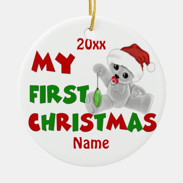 Babys First Christmas Bear Personalized Ceramic Ornament (Front)