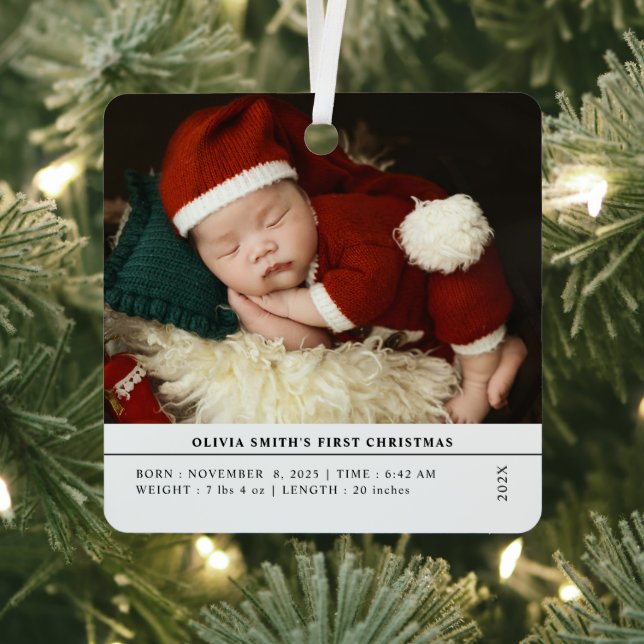 Babys First Christmas  Birth Stats Announcement Metal Ornament (Insitu)