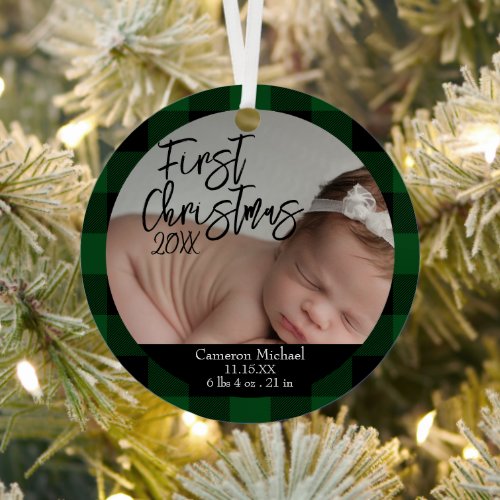 Babys First Christmas Birth Stats Green Plaid Metal Ornament