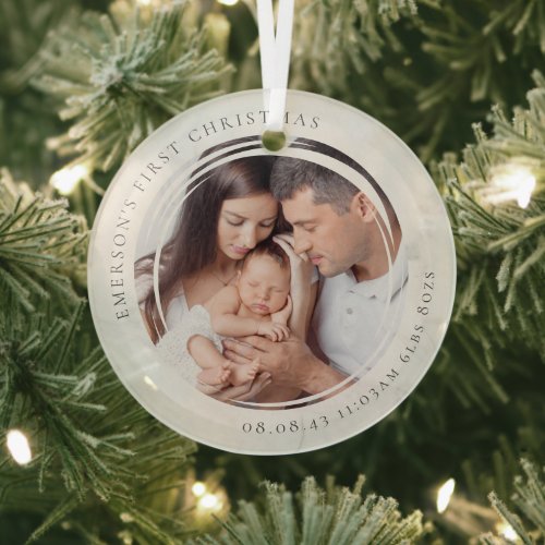 Baby's First Christmas Birth Stats Marble Photo  Glass Ornament