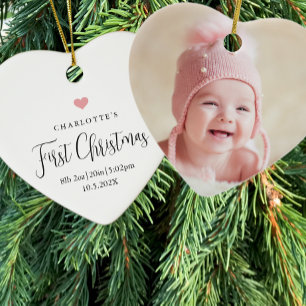 Baby's First Christmas Birth Stats Photo Heart  Ceramic Ornament