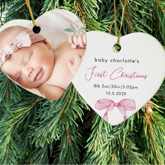 Baby's First Christmas Birth Stats Photo Pink Bow Ceramic Ornament (Creator Uploaded)