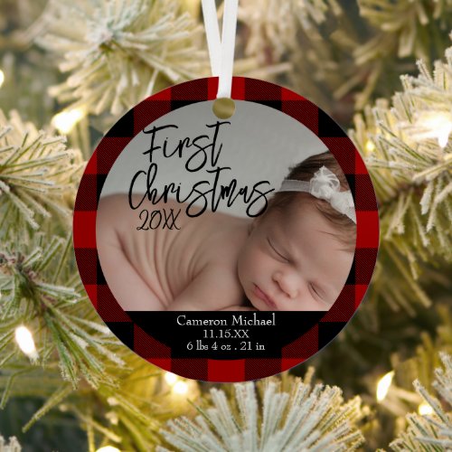Babys First Christmas Birth Stats Red Plaid Metal Ornament