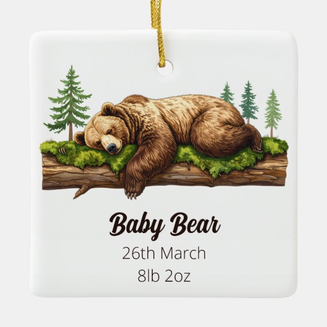 Baby's First Christmas Birth Stats | Sleeping Bear Ceramic Ornament (Front)