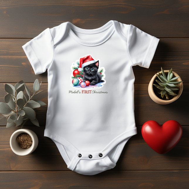 Baby's First Christmas Black Kitten Santa Hat Baby Bodysuit (Creator Uploaded)