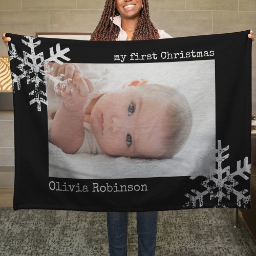 Babys First Christmas Black Photo Snowflakes Fleece Blanket