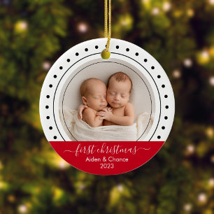 Baby's First Christmas Black, White and Red Dots Ceramic Ornament