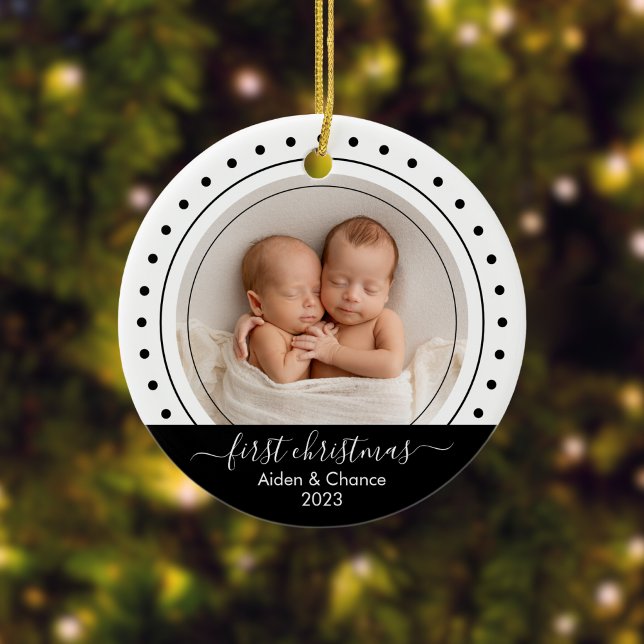 Baby's First Christmas Black, White Dots Ceramic Ornament (Modern Custom Photo Ornament)
