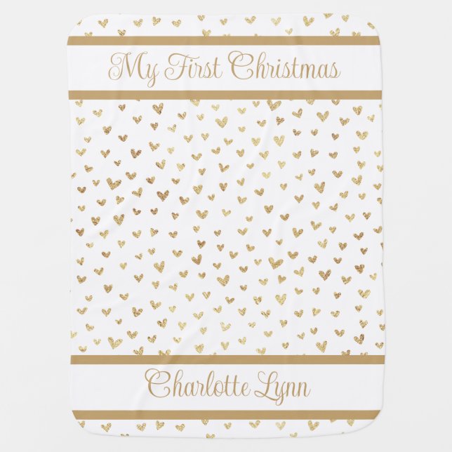 Baby's First Christmas Blanket with Gold Hearts (Front)