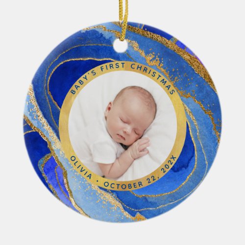 Babys First Christmas  Blue and Gold Geode Photo Ceramic Ornament