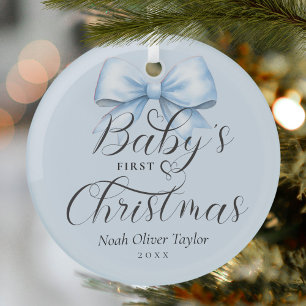Baby's First Christmas Blue Bow Keepsake Glass Ornament